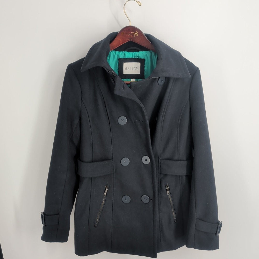 Delia's Double Breasted Belted Zip Pockets Winter Pea Coat Black Size XL